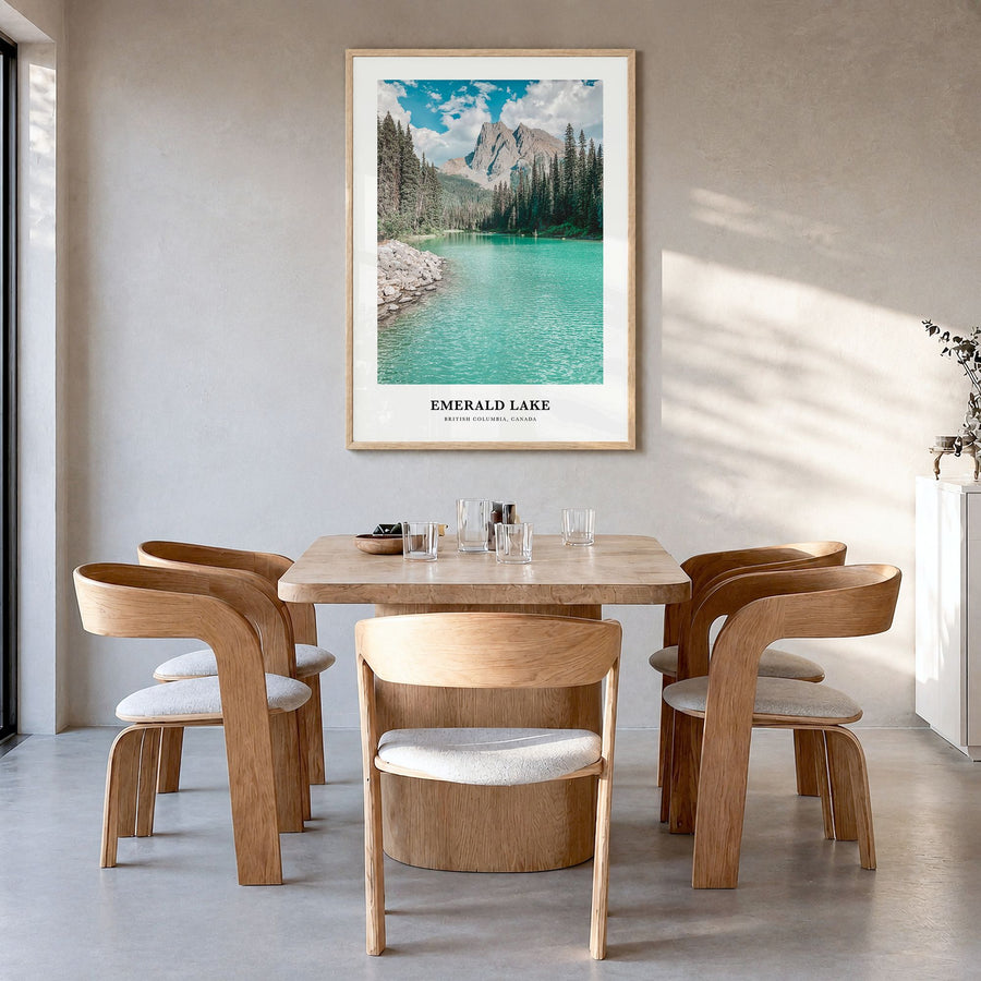 Emerald Lake Classic Poster in a natural wood frame, hanging in a dining room