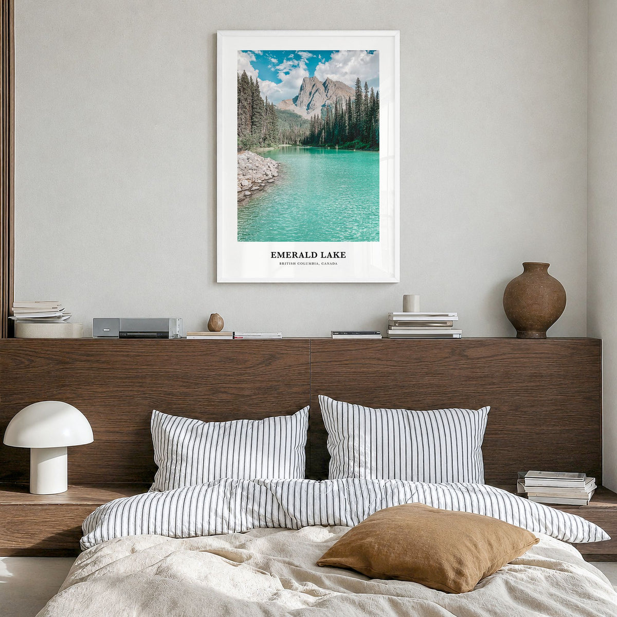 Emerald Lake Classic Poster in a white wood frame, hanging in a bedroom