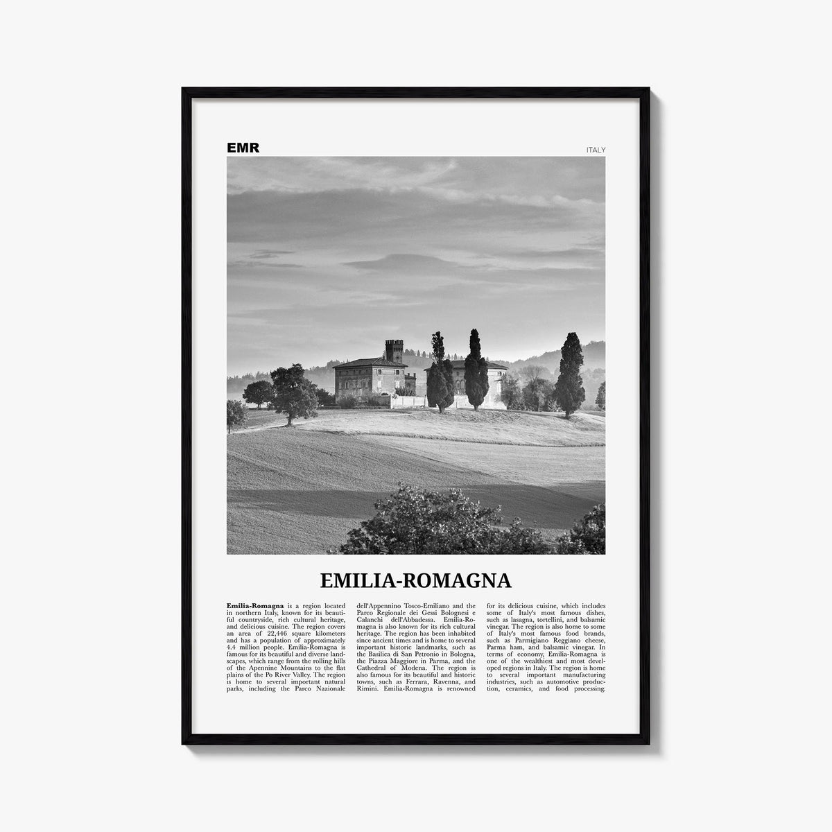 Emilia-Romagna black & white newspaper poster of Italy – vertical wall art, unframed print shown in interior mockup