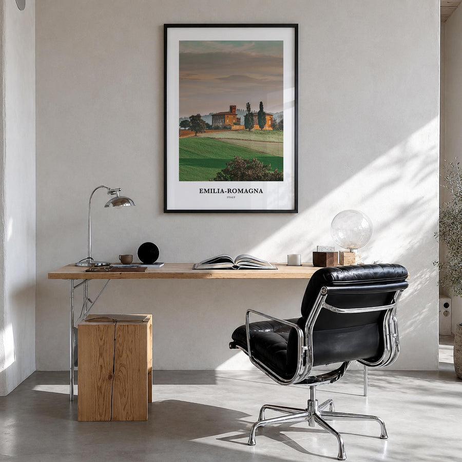 Emilia-Romagna colorful classic poster of Italy – vertical wall art in black wood frame, hanging on wall