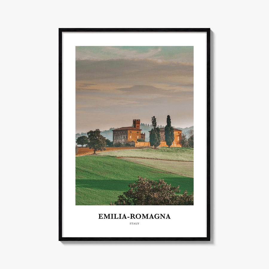 Emilia-Romagna colorful classic poster of Italy – vertical wall art, unframed print shown in interior mockup
