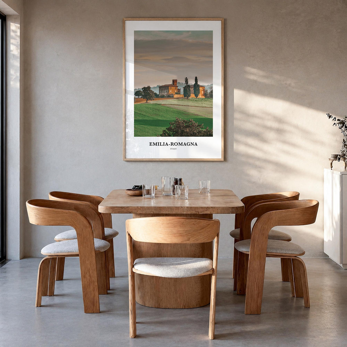 Emilia-Romagna colorful classic poster of Italy – vertical wall art in natural wood frame, hanging on wall