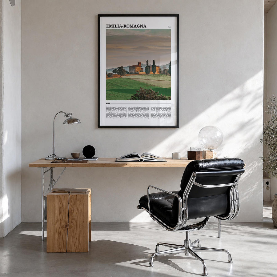 Emilia-Romagna colorful travel poster of Italy – vertical wall art in black wood frame, hanging on wall