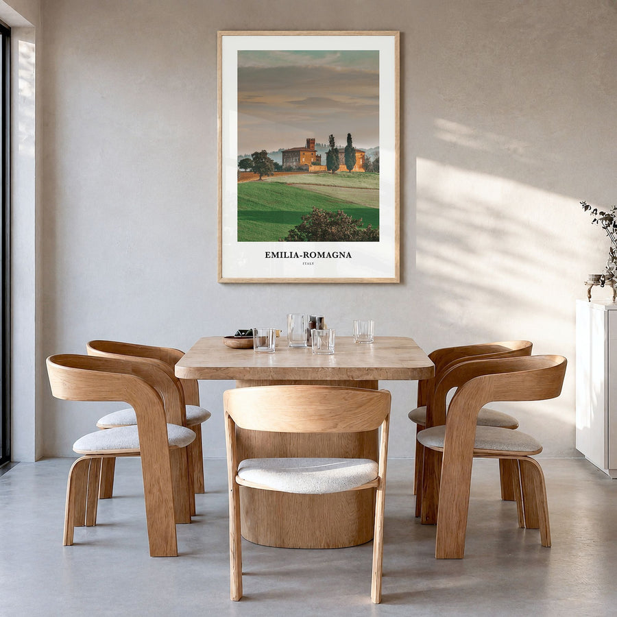 Emilia-Romagna Classic Poster in a natural wood frame, hanging in a dining room