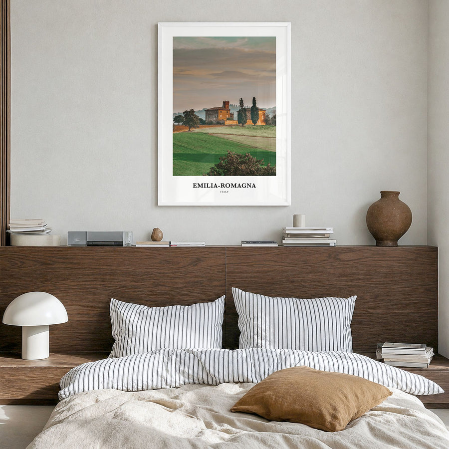 Emilia-Romagna Classic Poster in a white wood frame, hanging in a bedroom