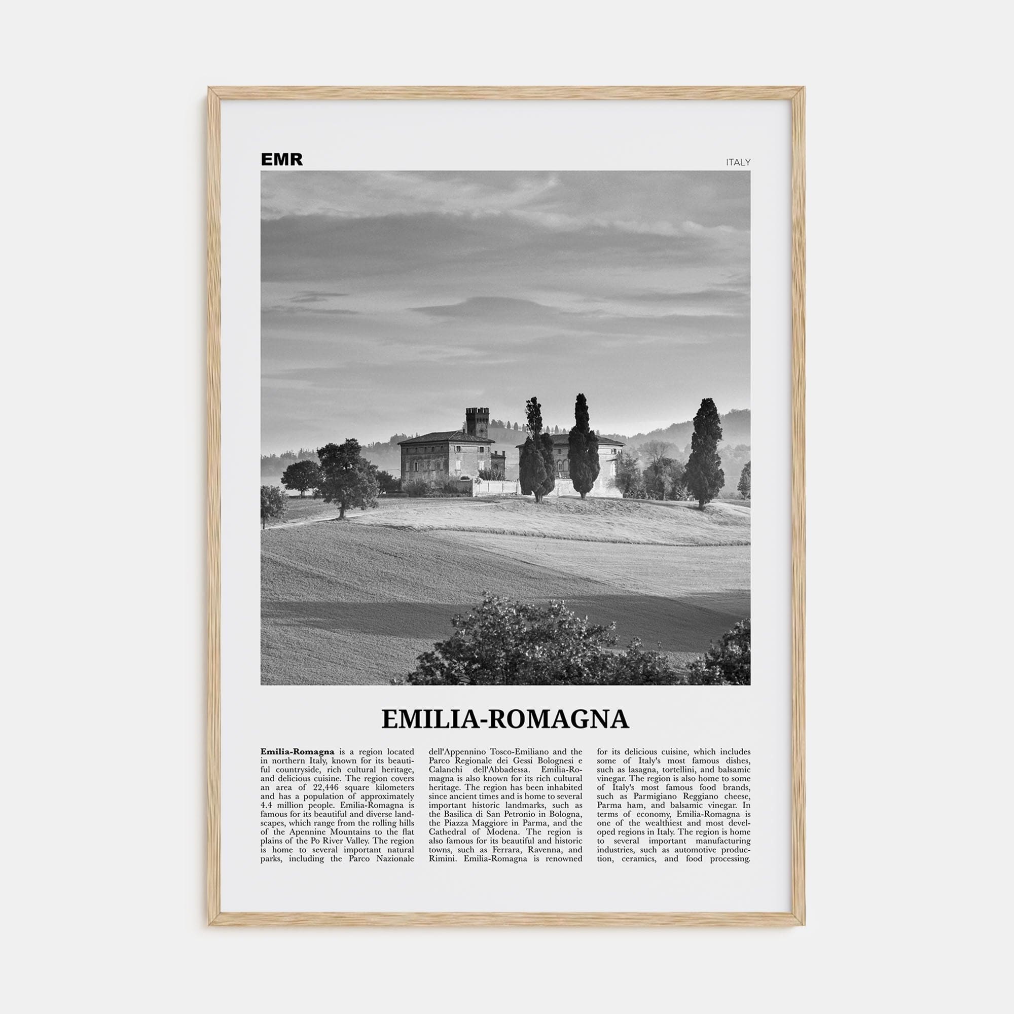 Emilia-Romagna Poster Natural Wood / 8x12 in Nbourhood Travel B&W Poster