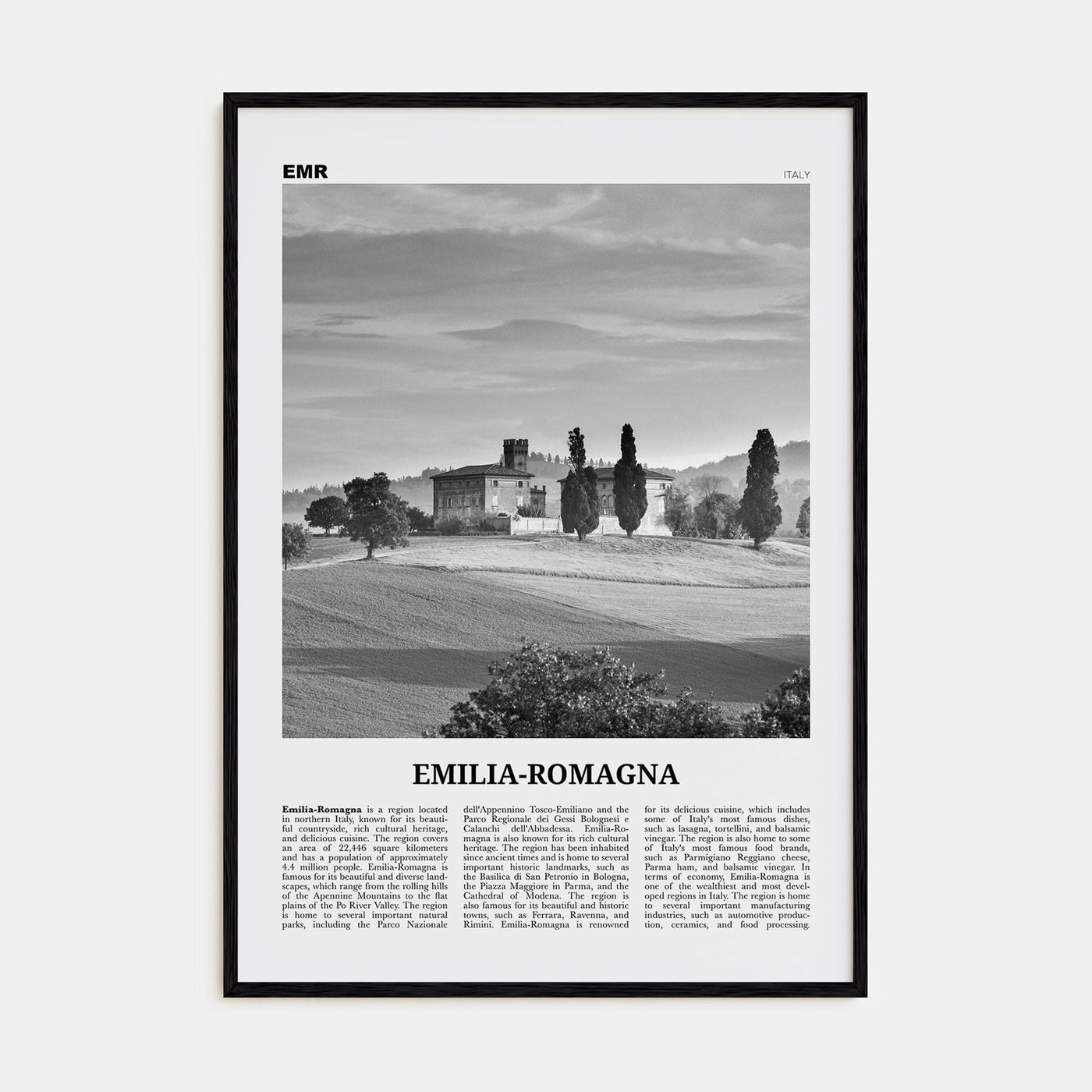 Emilia-Romagna Poster Black Wood / 8x12 in Nbourhood Travel B&W Poster