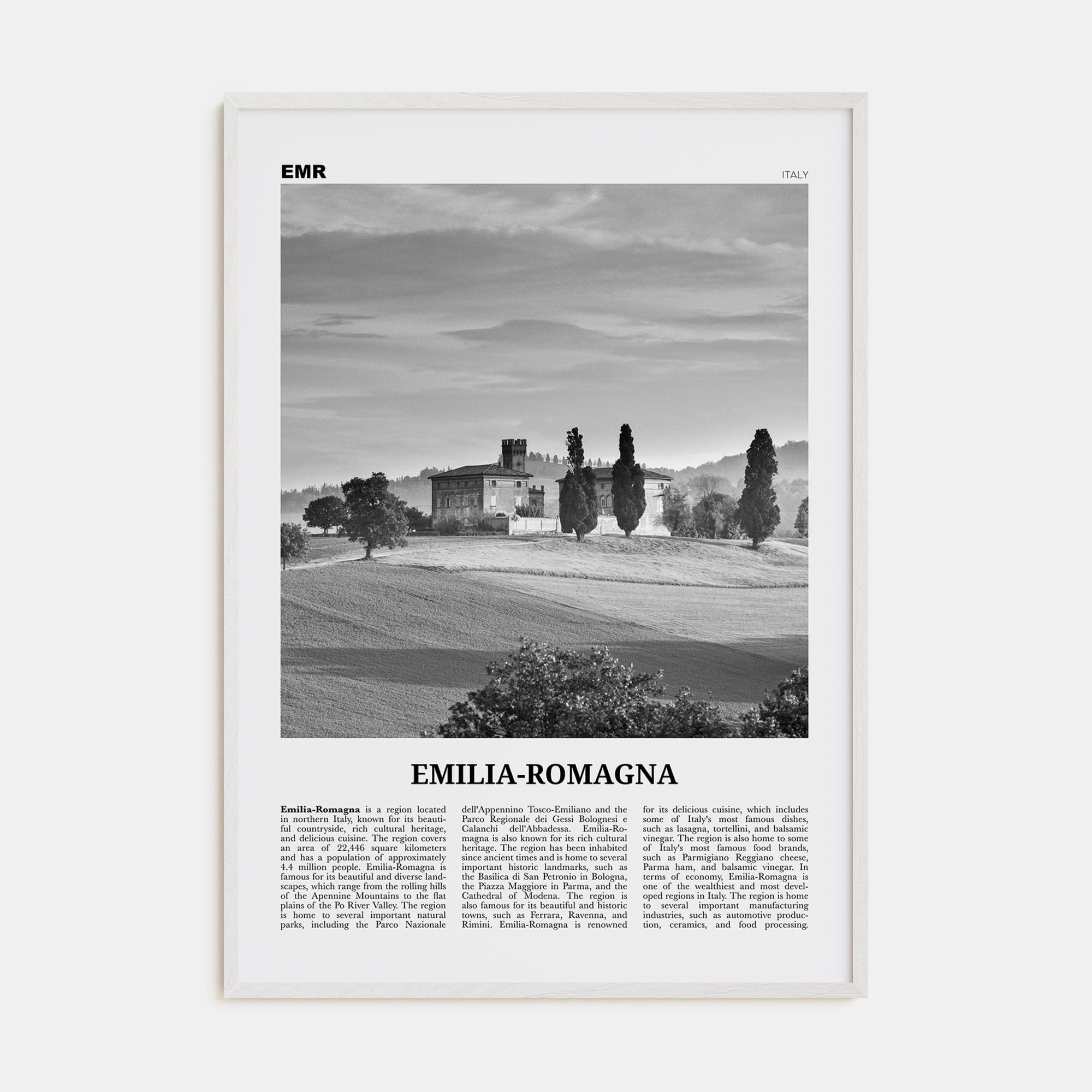 Emilia-Romagna Poster White Wood / 8x12 in Nbourhood Travel B&W Poster