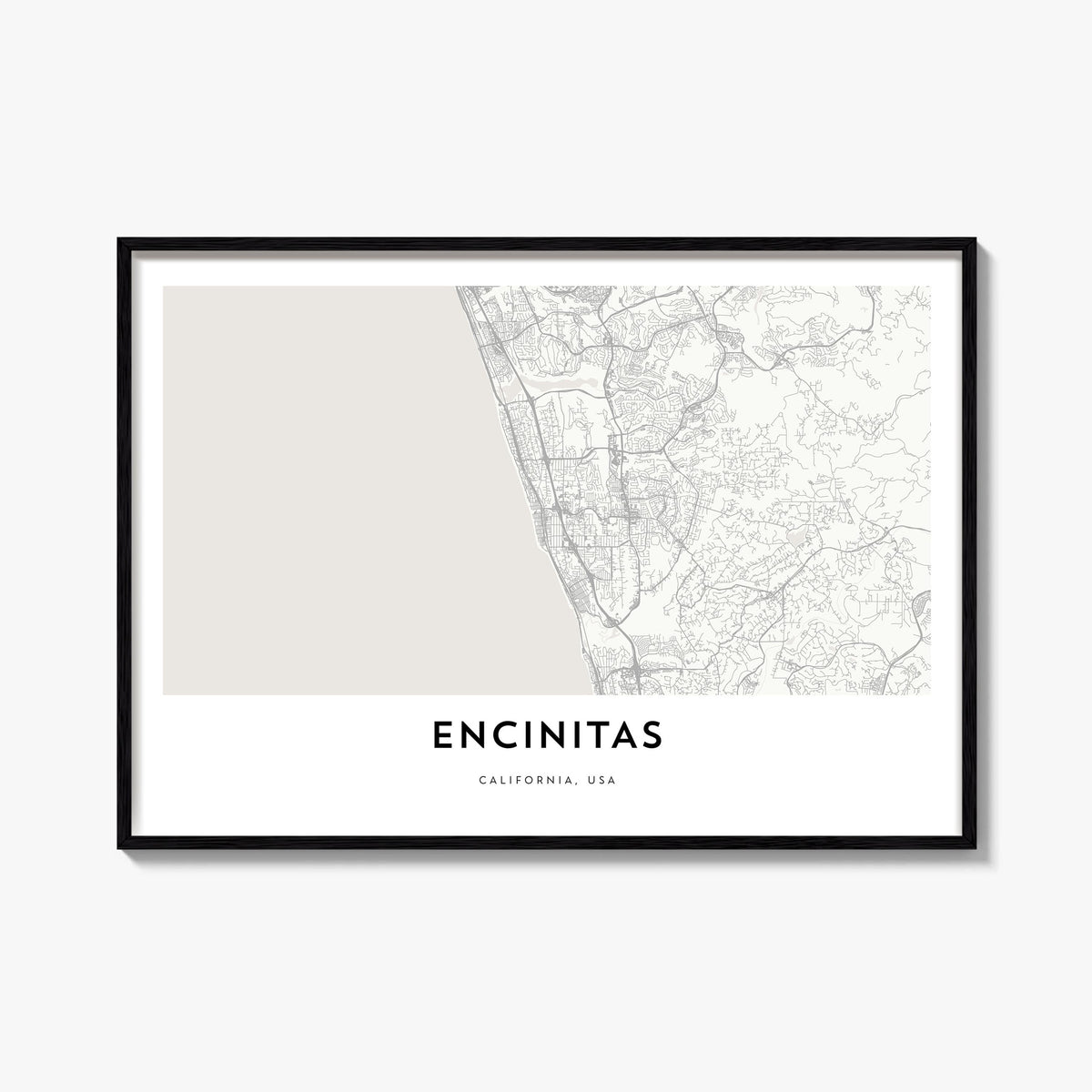 Encinitas black & white map poster of California, USA – horizontal wall art, unframed print shown in interior mockup