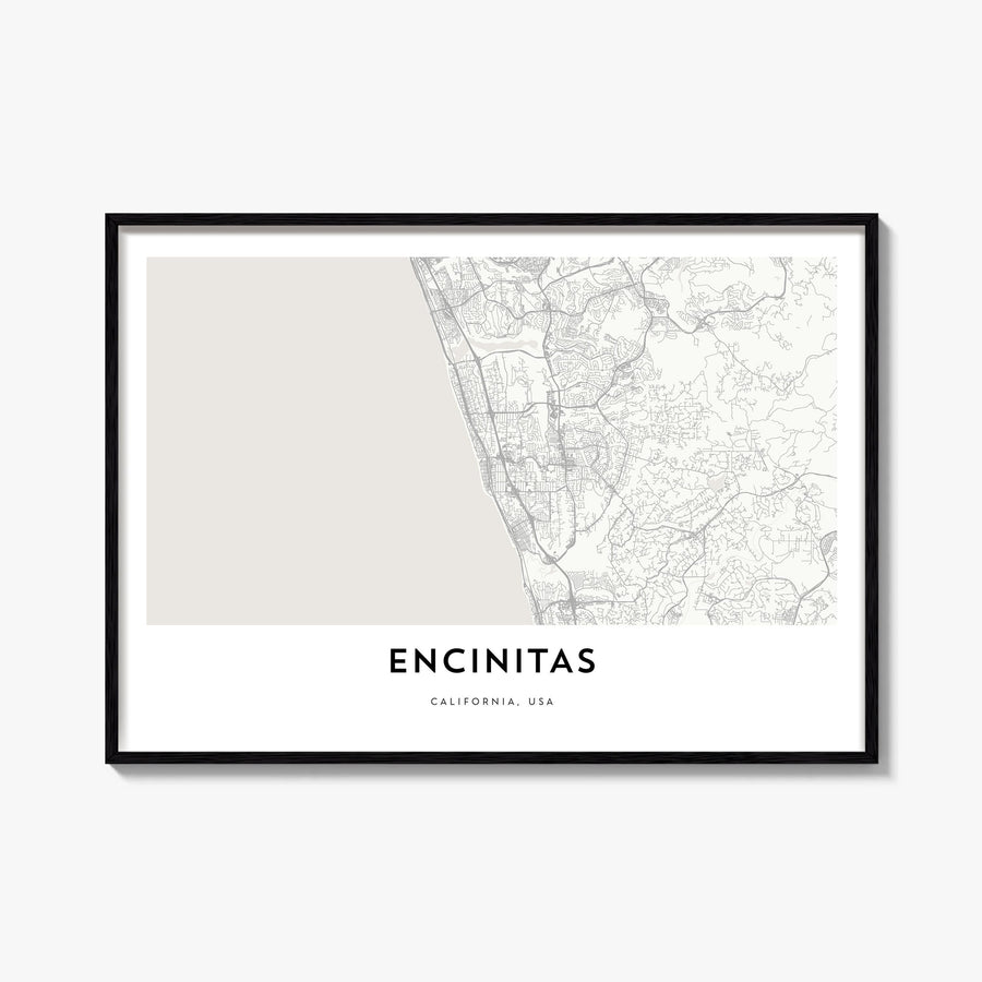 Encinitas black & white map poster of California, USA – horizontal wall art, unframed print shown in interior mockup