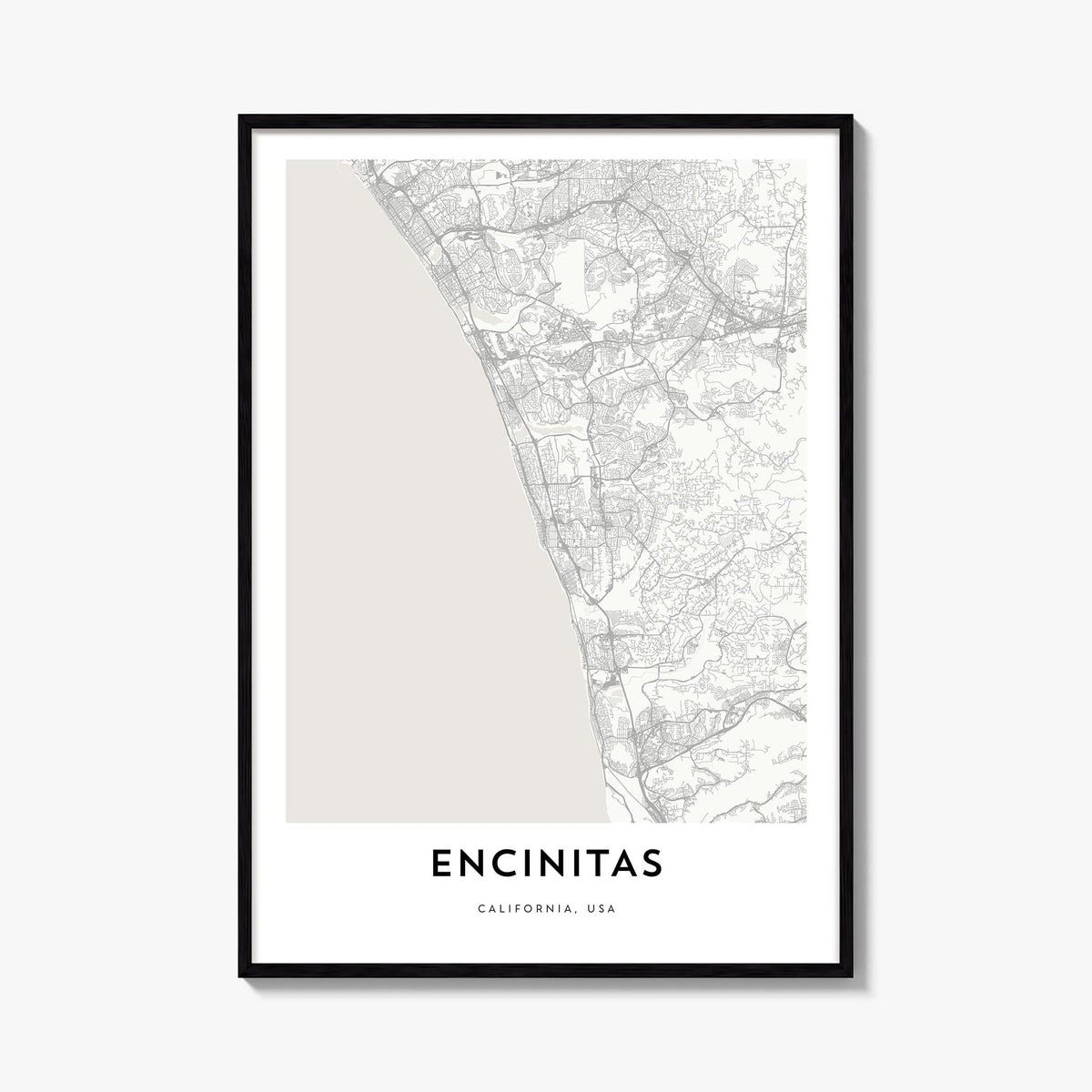 Encinitas black & white map poster of California, USA – vertical wall art, unframed print shown in interior mockup
