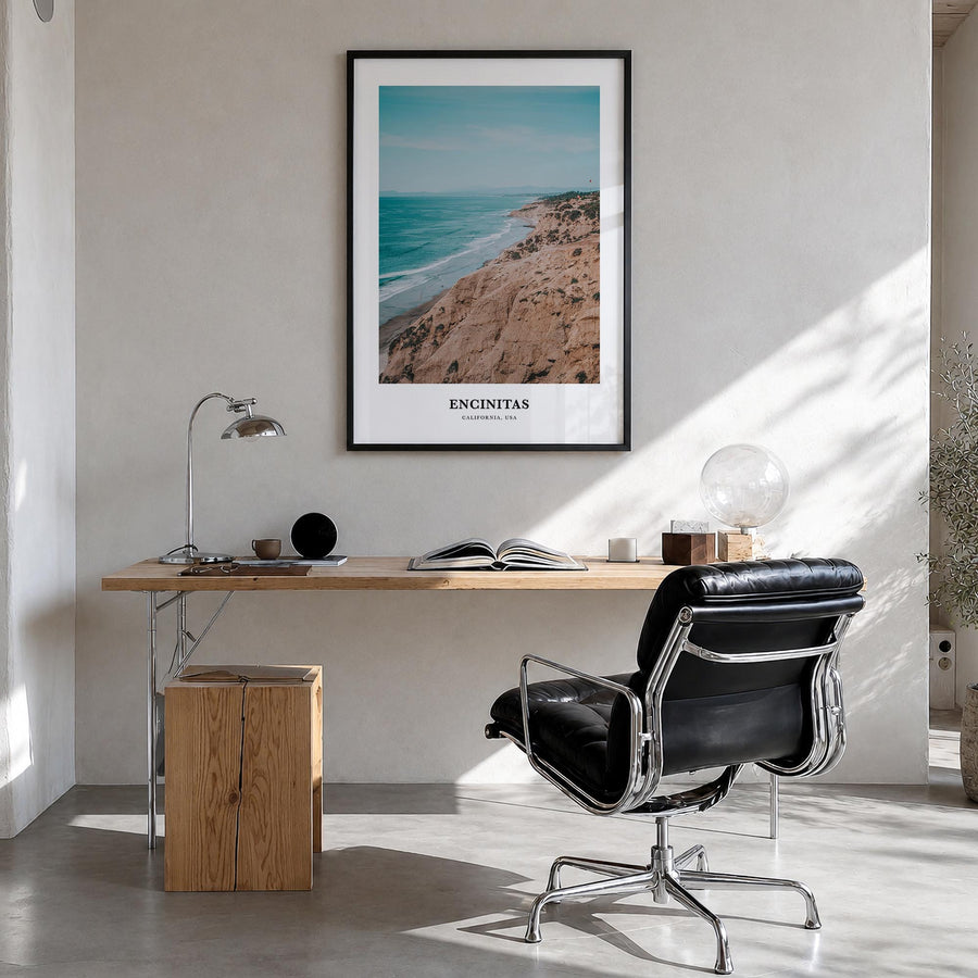 Encinitas colorful classic poster of California, USA – vertical wall art in black wood frame, hanging on wall