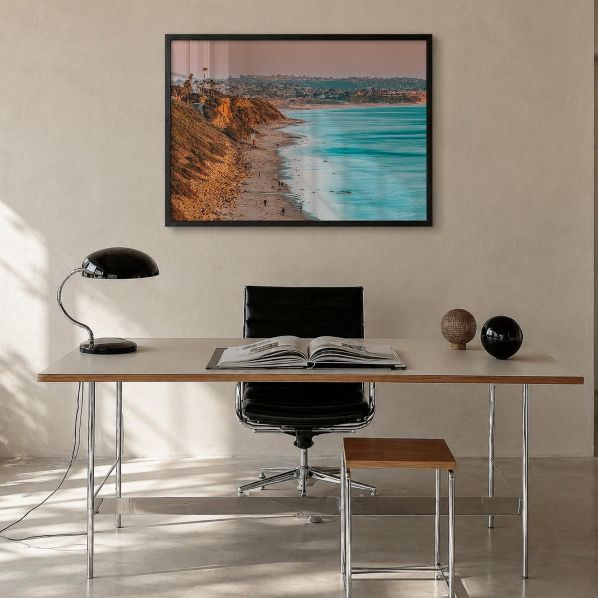 Encinitas colorful photo poster of California, USA – horizontal wall art in black wood frame, hanging on wall