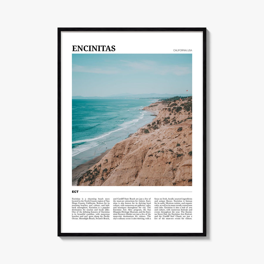 Encinitas colorful travel poster of California, USA – vertical wall art, unframed print shown in interior mockup