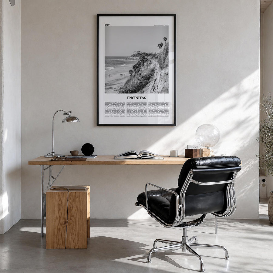 Encinitas no. 1 black & white newspaper poster of California, USA – vertical wall art in black wood frame, hanging on wall