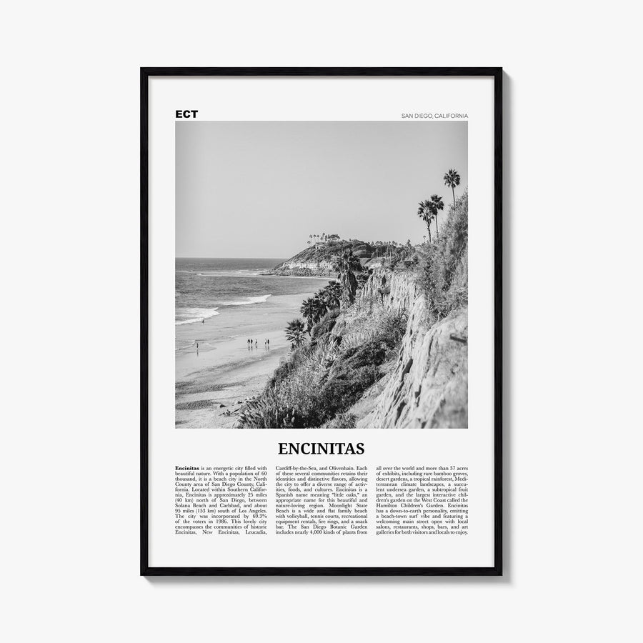 Encinitas no. 1 black & white newspaper poster of California, USA – vertical wall art, unframed print shown in interior mocku