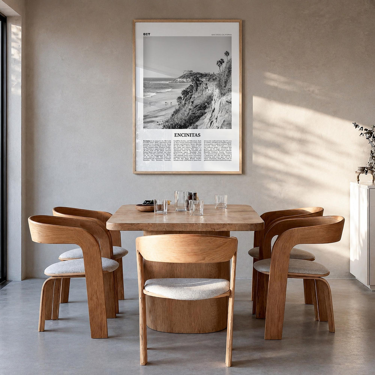 Encinitas no. 1 black & white newspaper poster of California, USA – vertical wall art in natural wood frame, hanging on wall