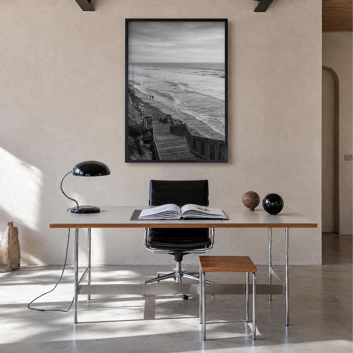 Encinitas no. 1 black & white photo poster of California, USA – vertical wall art in black wood frame, hanging on wall