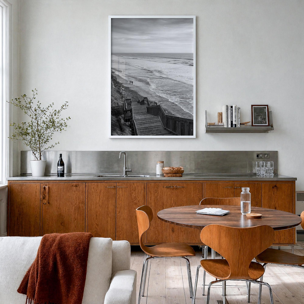 Encinitas no. 1 black & white photo poster of California, USA – vertical wall art in white wood frame, hanging on wall