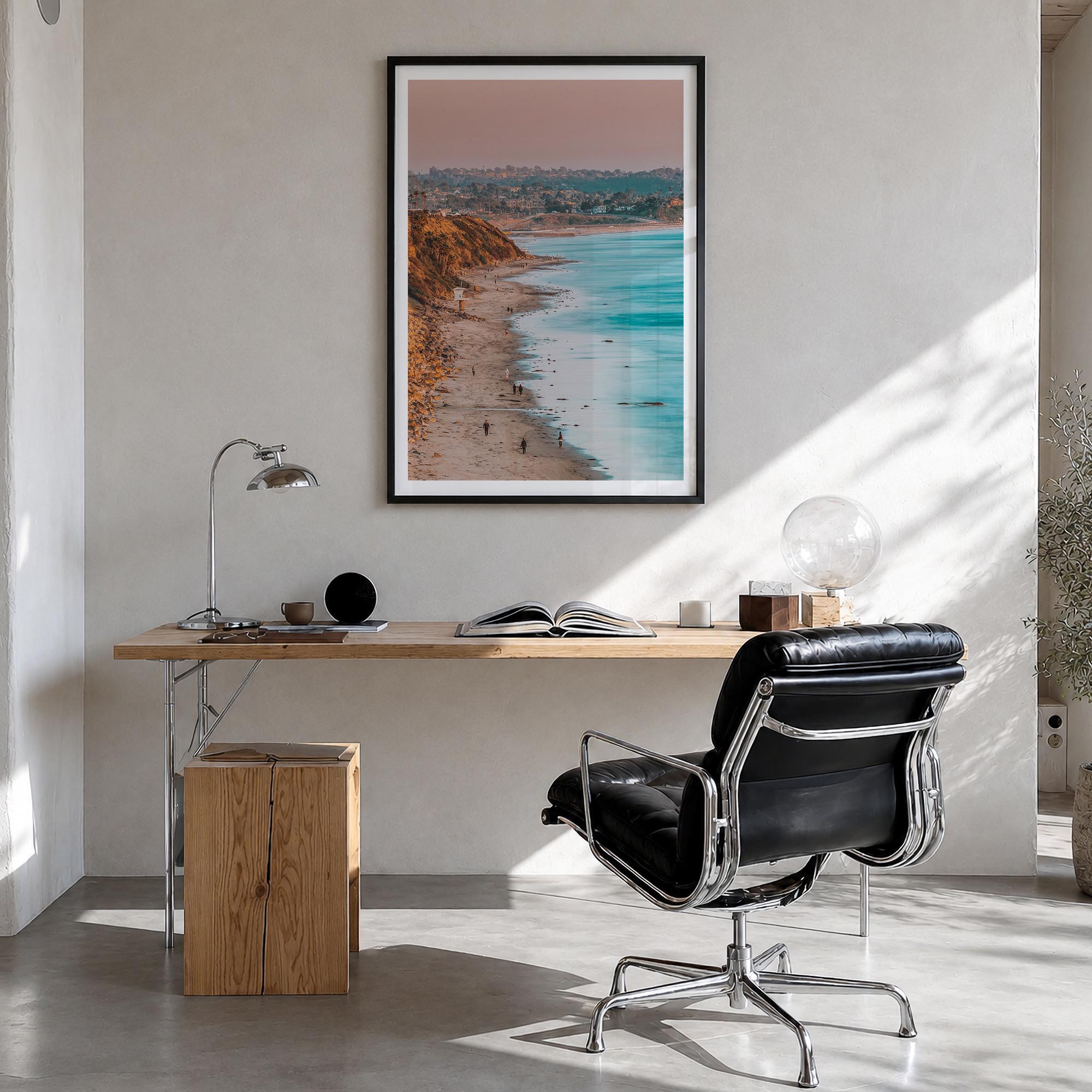 Encinitas no. 1 colorful photo poster of California, USA – vertical wall art in black wood frame with white border, hanging o