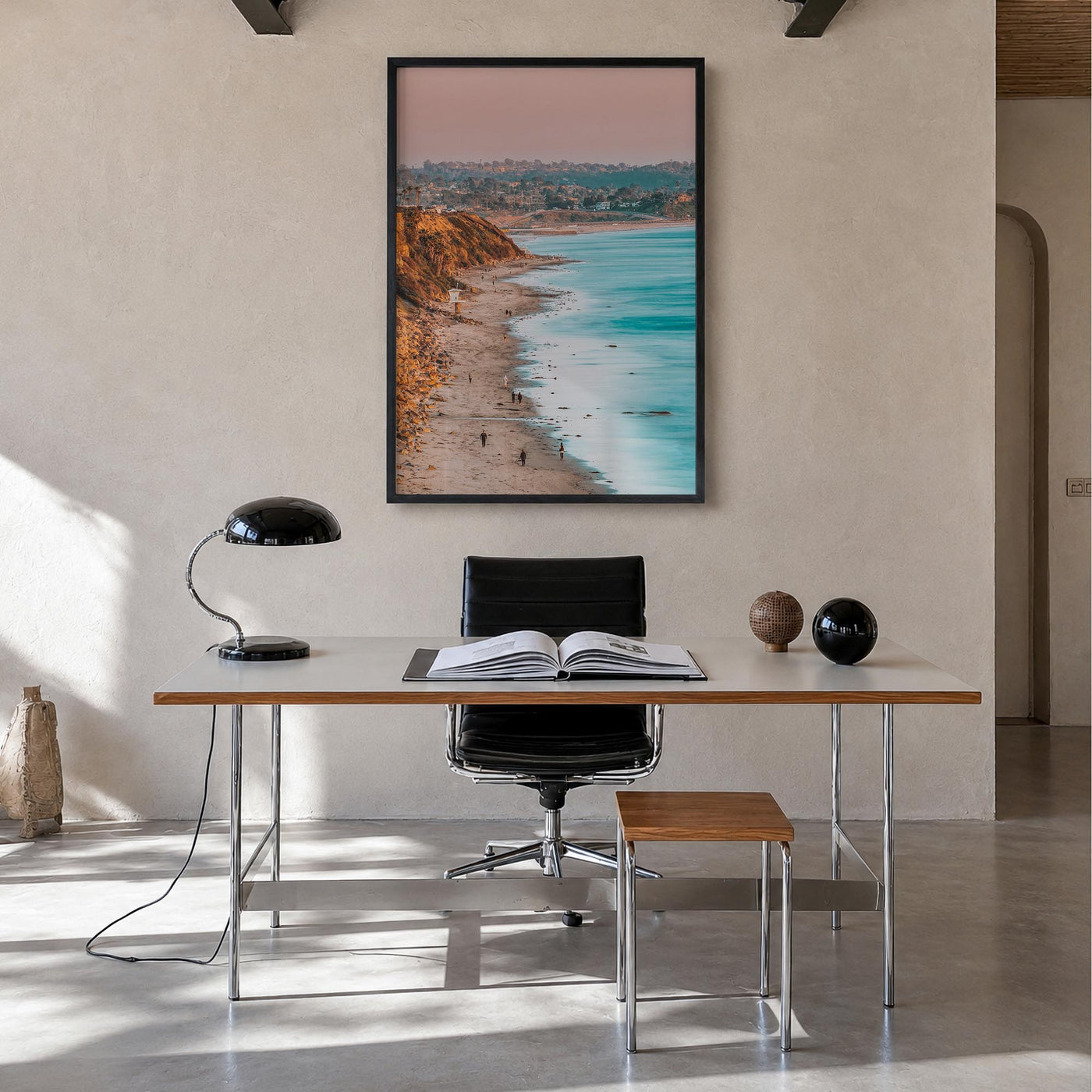 Encinitas no. 1 colorful photo poster of California, USA – vertical wall art in black wood frame, hanging on wall