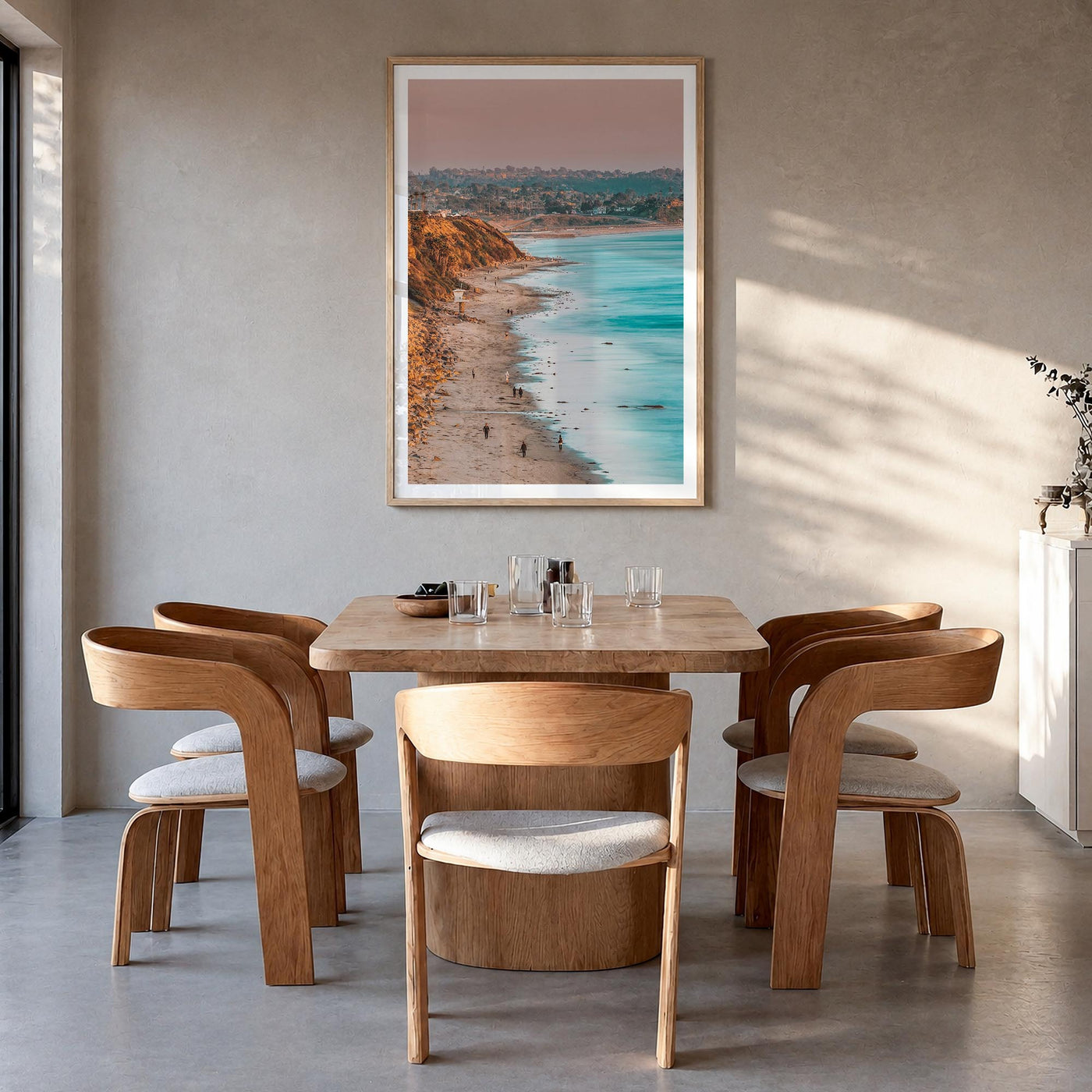 Encinitas no. 1 colorful photo poster of California, USA – vertical wall art in natural wood frame with white border, hanging