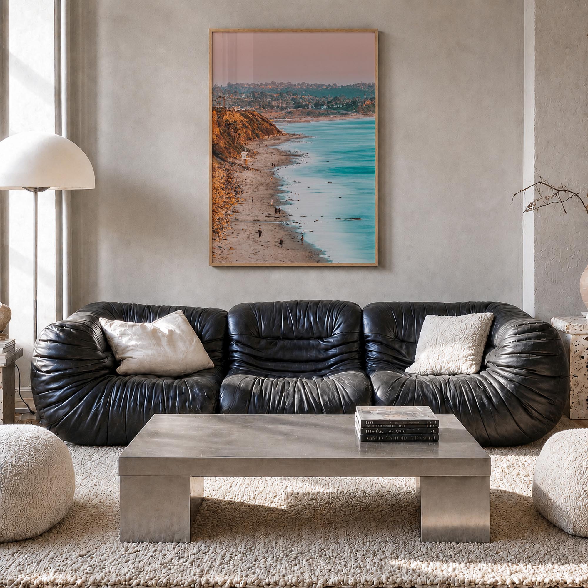 Encinitas no. 1 colorful photo poster of California, USA – vertical wall art in natural wood frame, hanging on wall