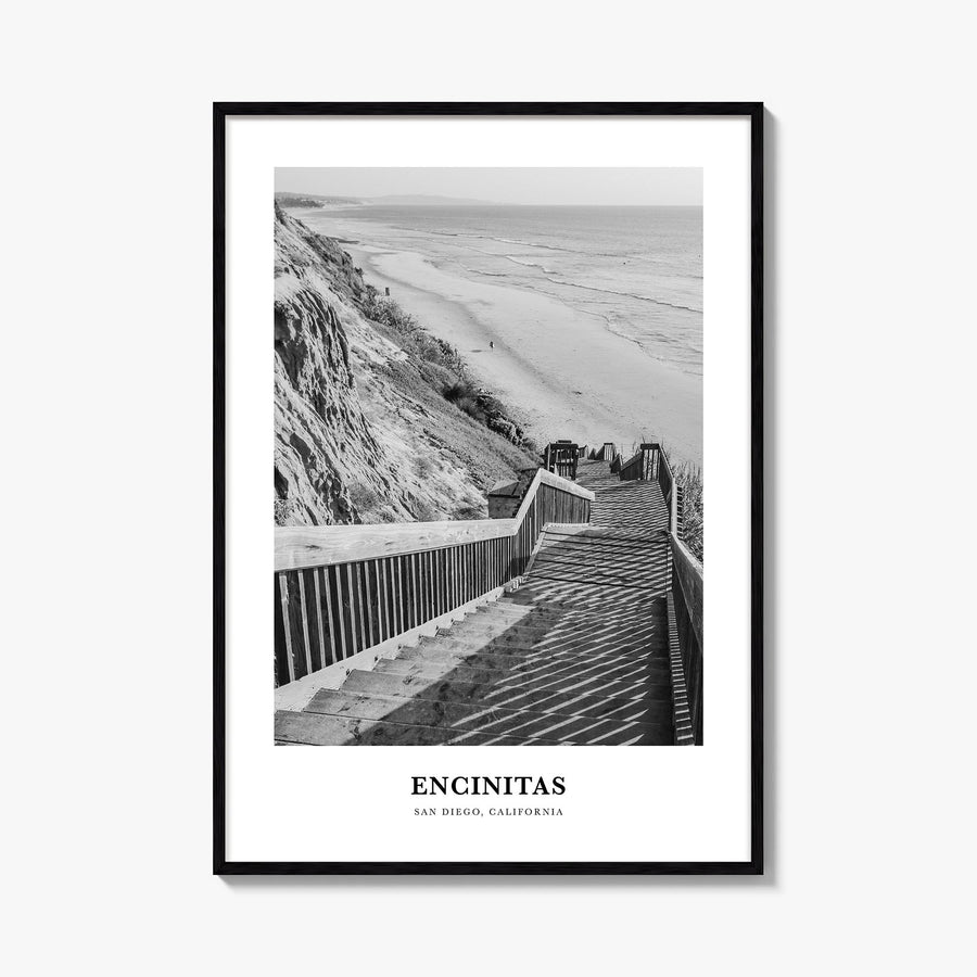 Encinitas no. 2 black & white classic poster of California, USA – vertical wall art, unframed print shown in interior mockup