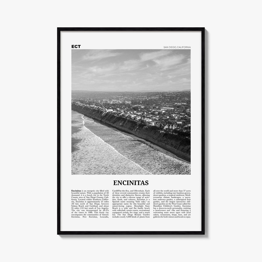 Encinitas no. 2 black & white newspaper poster of California, USA – vertical wall art, unframed print shown in interior mocku