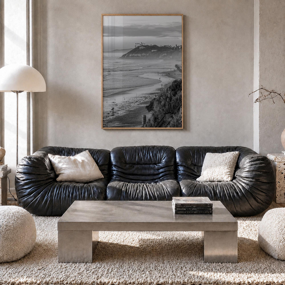 Encinitas no. 2 black & white photo poster of California, USA – vertical wall art in natural wood frame, hanging on wall