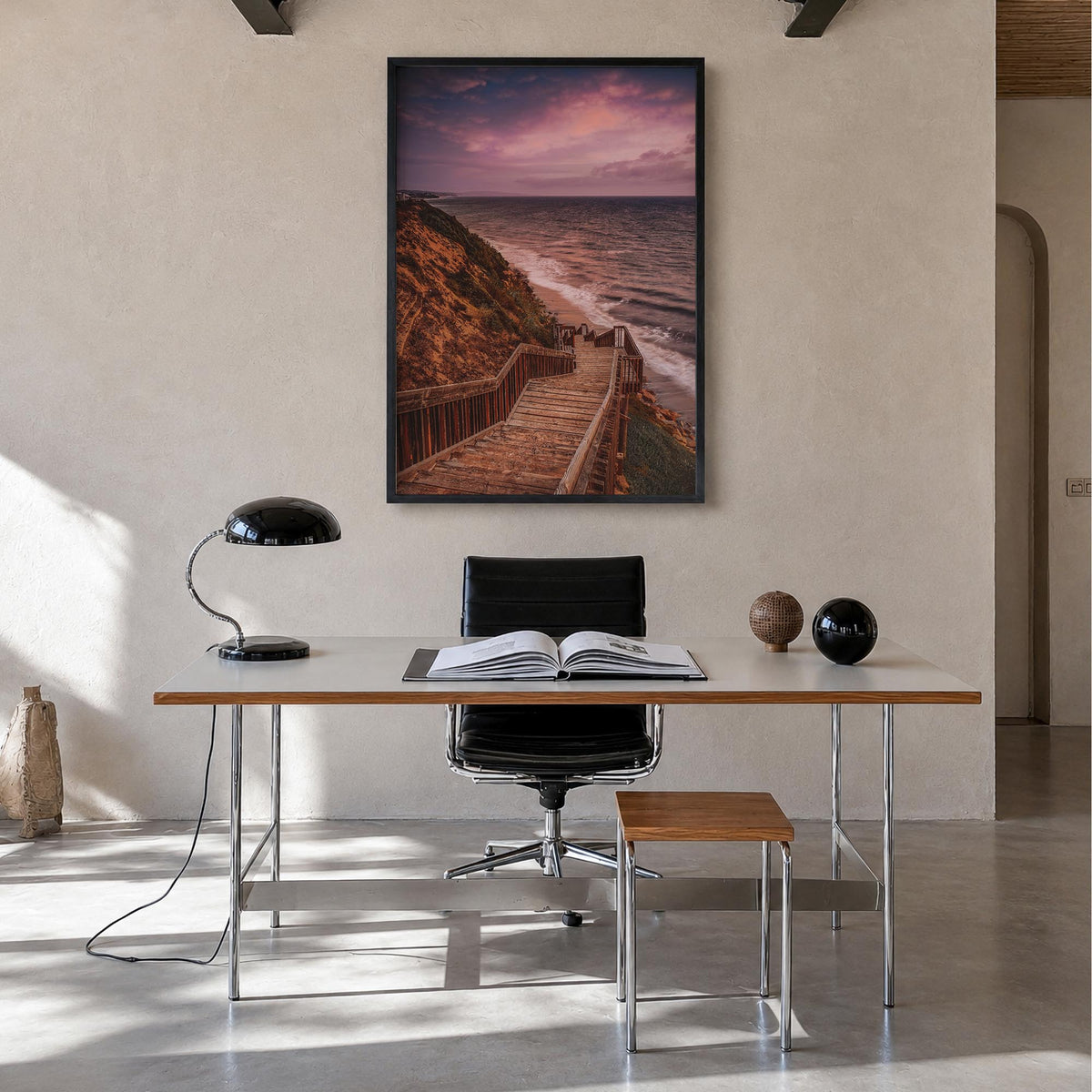 Encinitas no. 2 colorful photo poster of California, USA – vertical wall art in black wood frame, hanging on wall