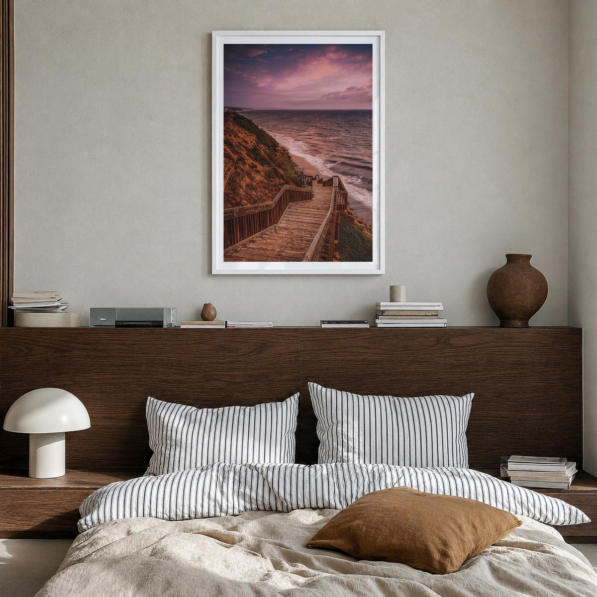 Encinitas no. 2 colorful photo poster of California, USA – vertical wall art in white wood frame with white border, hanging o