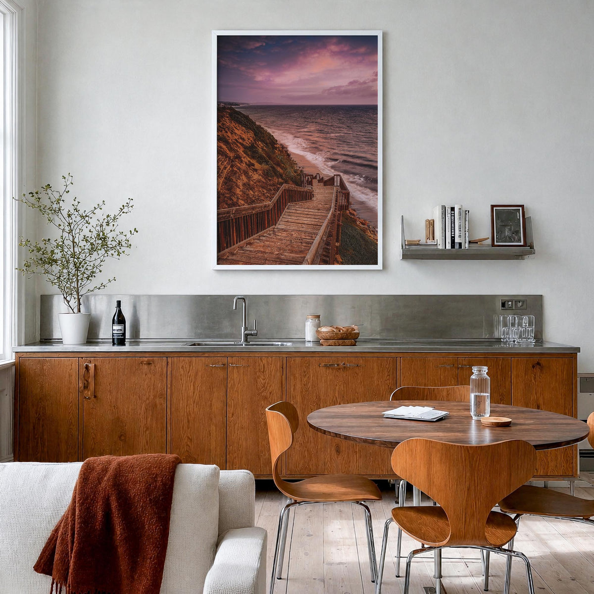 Encinitas no. 2 colorful photo poster of California, USA – vertical wall art in white wood frame, hanging on wall