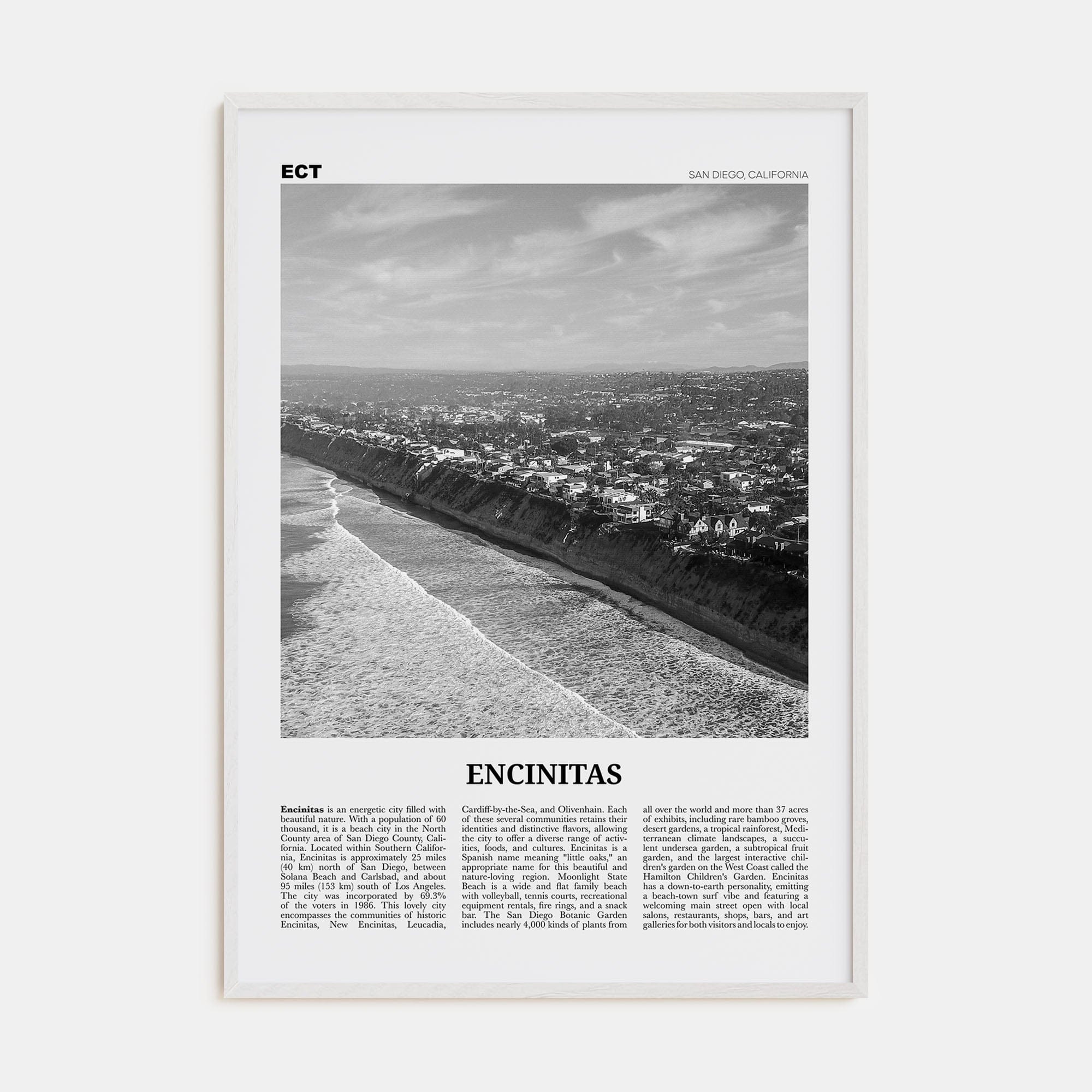 Encinitas No 2 Poster White Wood / 8x12 in Nbourhood Travel B&W Poster