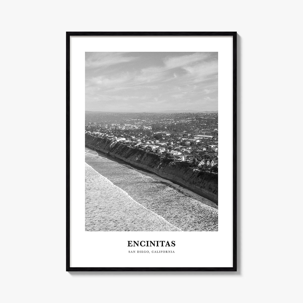 Encinitas no. 3 black & white classic poster of California, USA – vertical wall art, unframed print shown in interior mockup