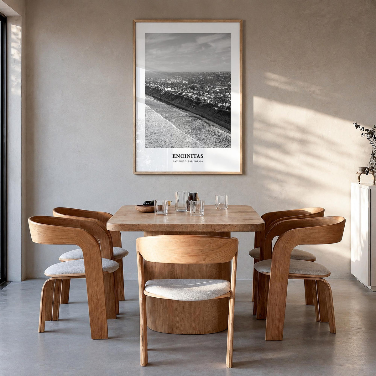 Encinitas no. 3 black & white classic poster of California, USA – vertical wall art in natural wood frame, hanging on wall