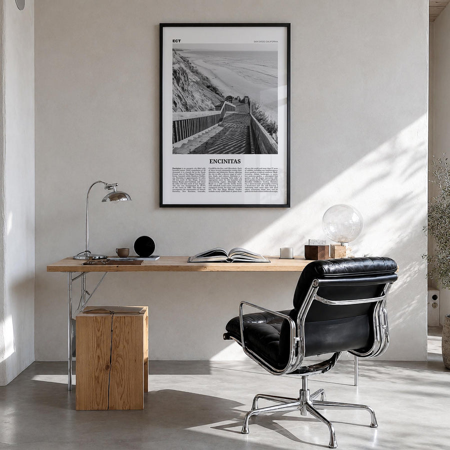 Encinitas no. 3 black & white newspaper poster of California, USA – vertical wall art in black wood frame, hanging on wall