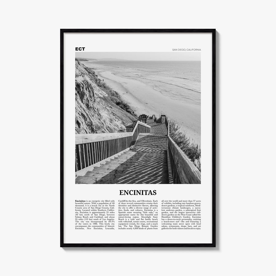 Encinitas no. 3 black & white newspaper poster of California, USA – vertical wall art, unframed print shown in interior mocku