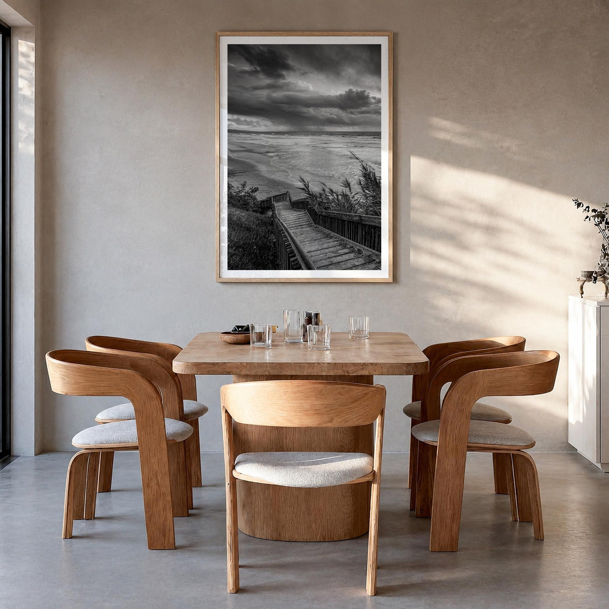 Encinitas no. 3 black & white photo poster of California, USA – vertical wall art in natural wood frame with white border, ha