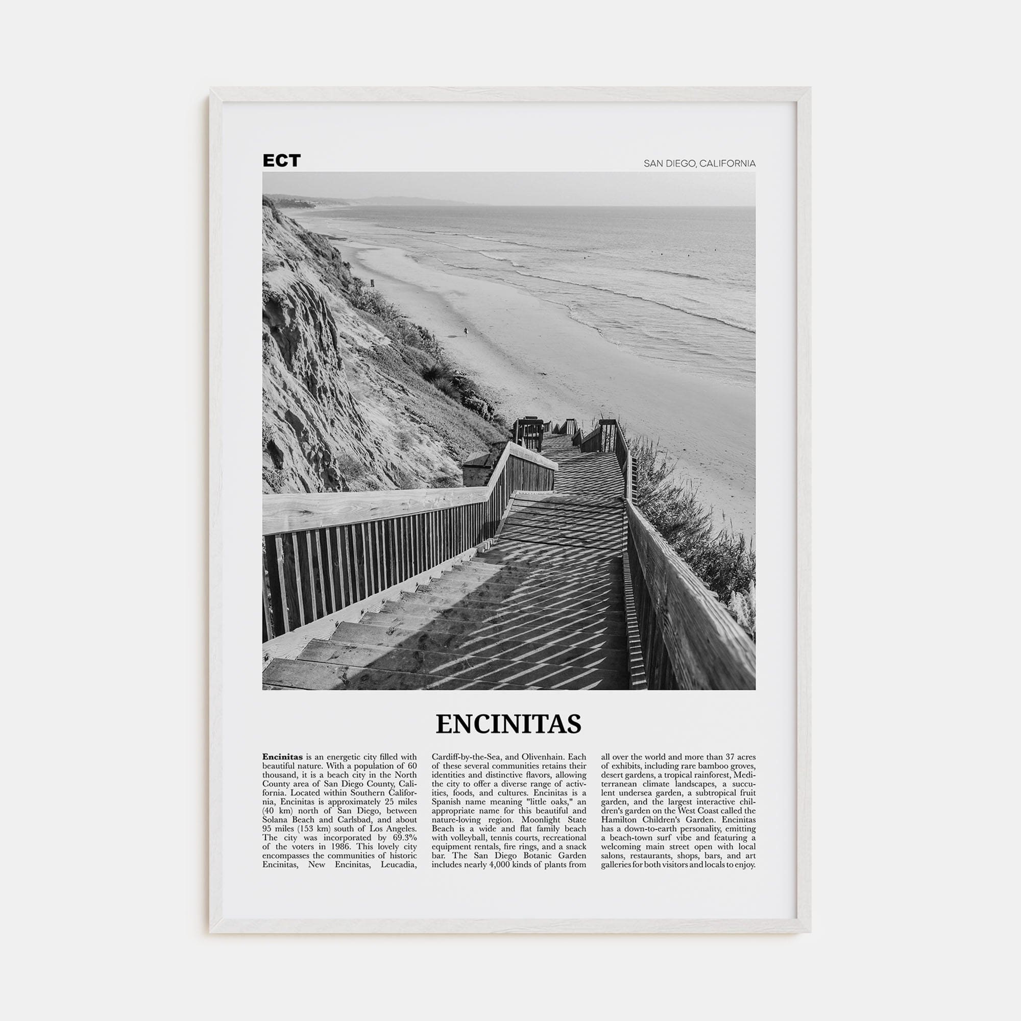 Encinitas No 3 Poster White Wood / 8x12 in Nbourhood Travel B&W Poster