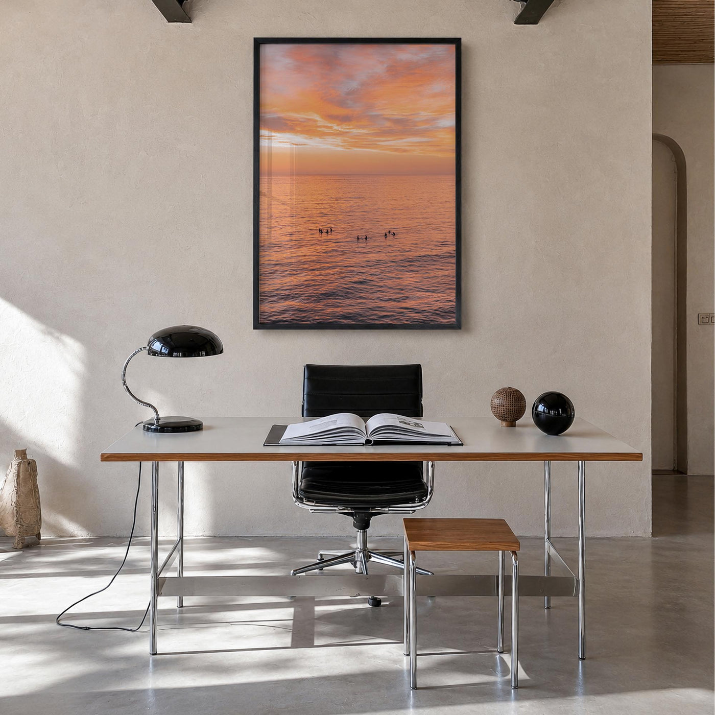 Encinitas no. 4 colorful photo poster of California, USA – vertical wall art in black wood frame, hanging on wall