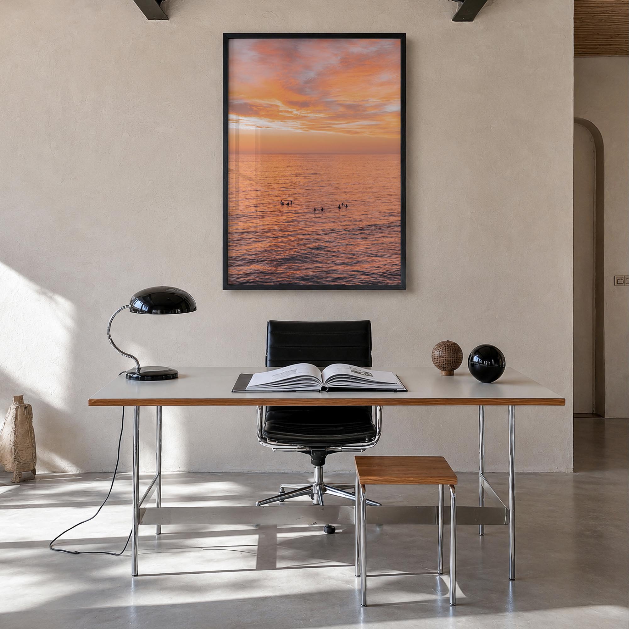 Encinitas no. 4 colorful photo poster of California, USA – vertical wall art in black wood frame, hanging on wall