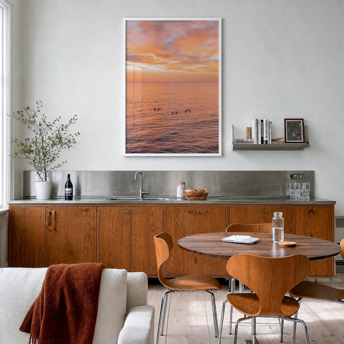 Encinitas no. 4 colorful photo poster of California, USA – vertical wall art in white wood frame, hanging on wall