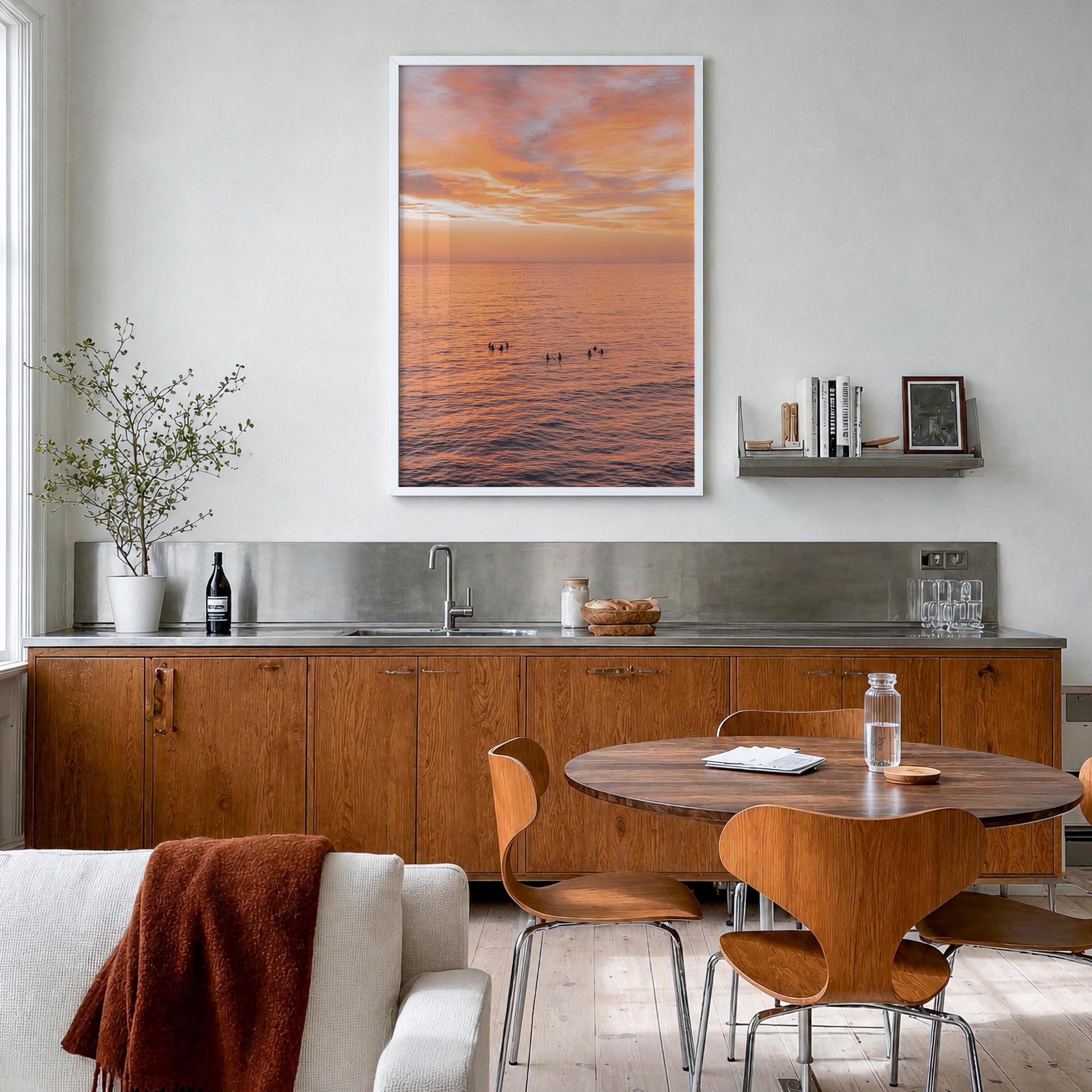 Encinitas no. 4 colorful photo poster of California, USA – vertical wall art in white wood frame, hanging on wall