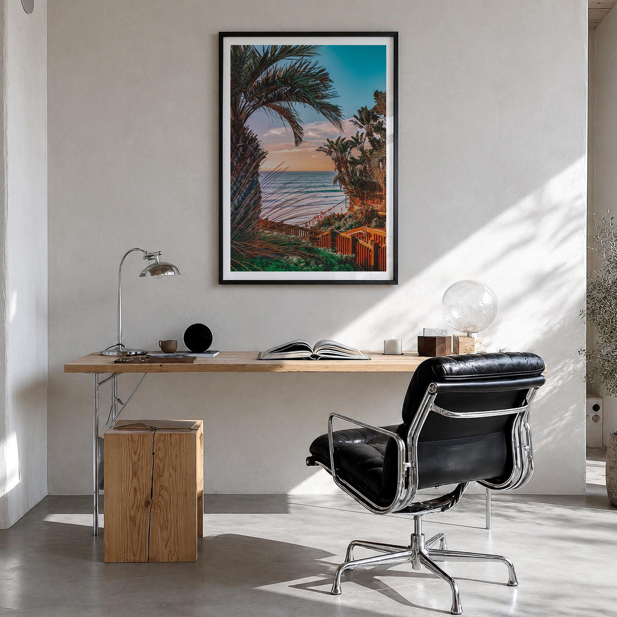 Encinitas no. 5 colorful photo poster of California, USA – vertical wall art in black wood frame with white border, hanging o