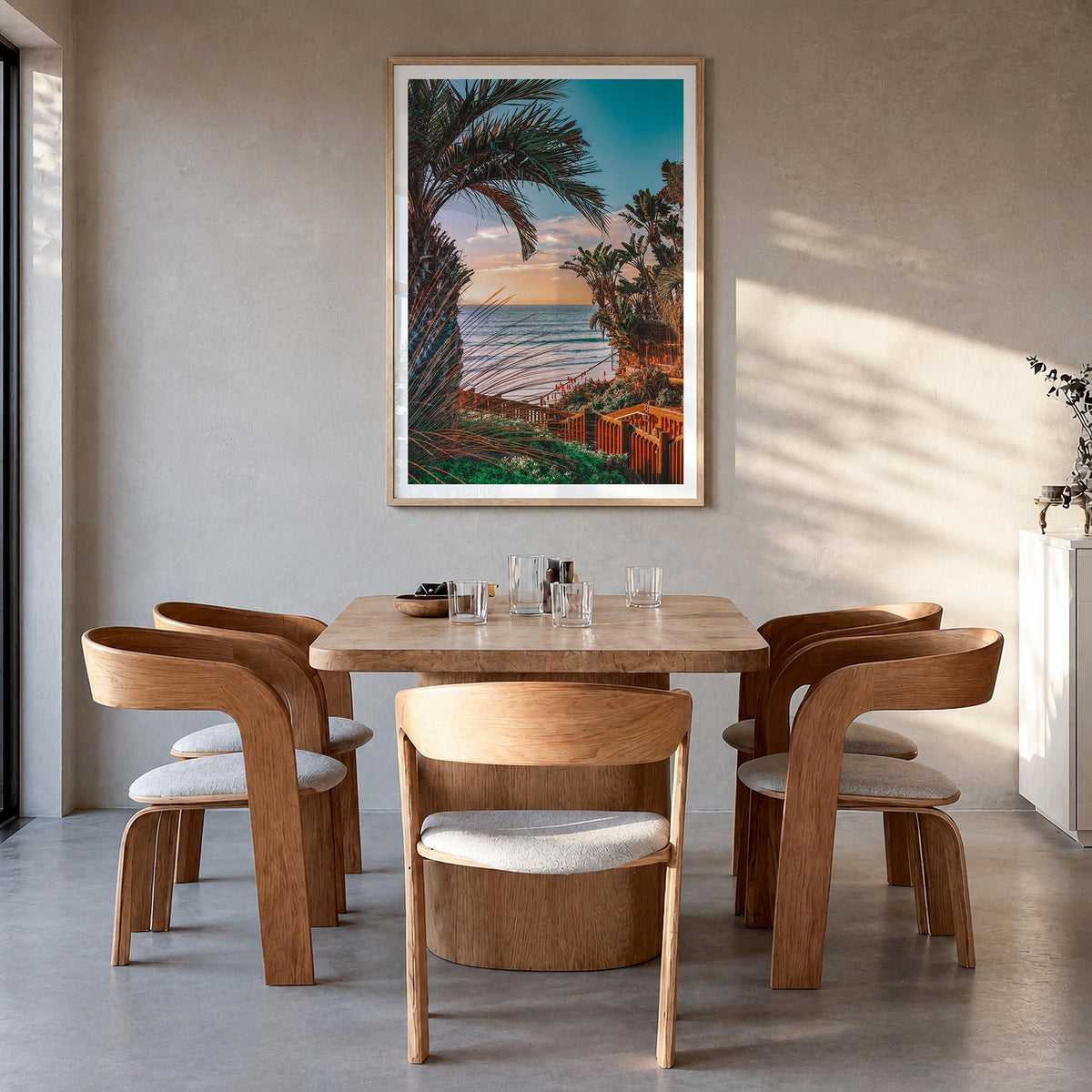 Encinitas no. 5 colorful photo poster of California, USA – vertical wall art in natural wood frame with white border, hanging