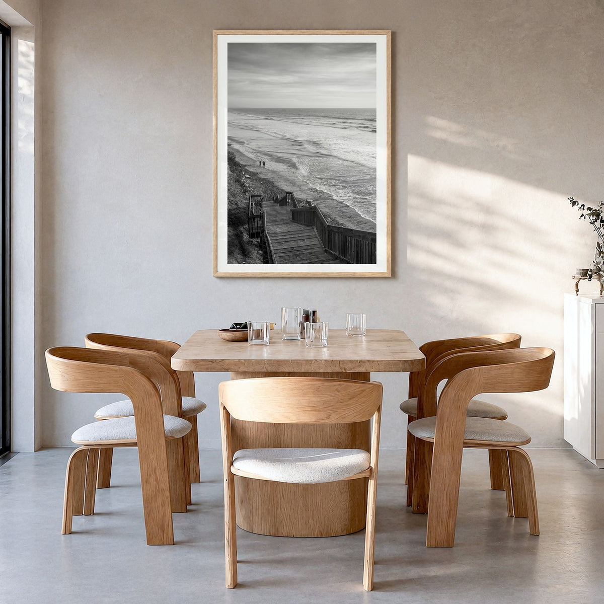Encinitas Photo No 1 Poster in a natural wood frame, hanging in a dining room, white border