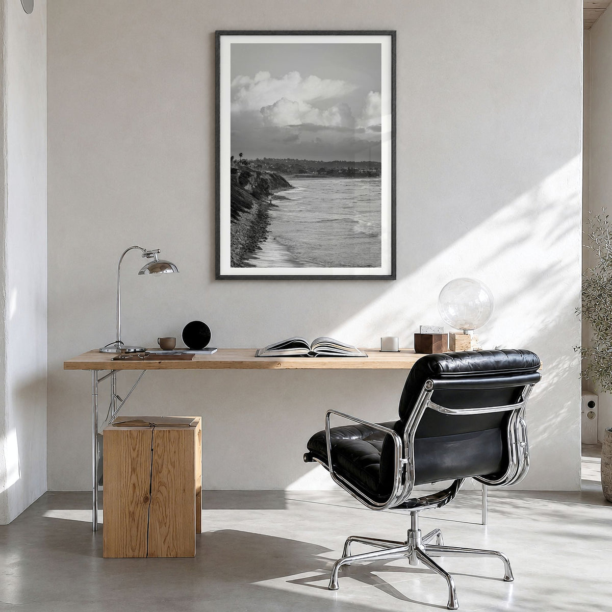 Encinitas Photo No 4 Poster in a black wood frame, hanging in a bright home office, white border
