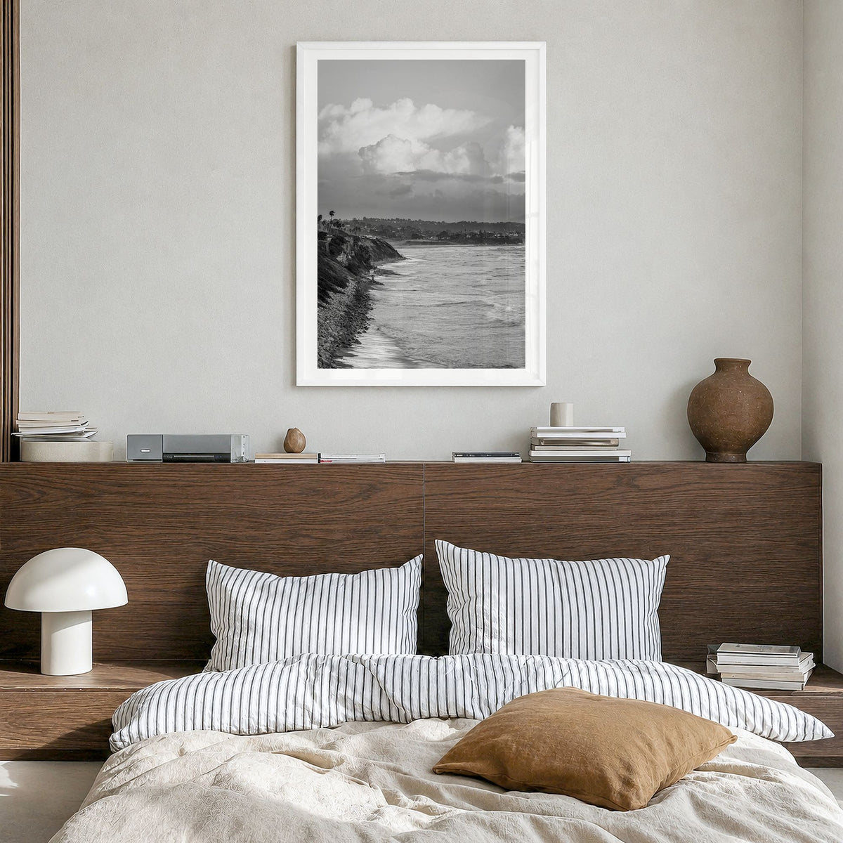 Encinitas Photo No 4 Poster in a white wood frame, hanging in a bedroom, white border
