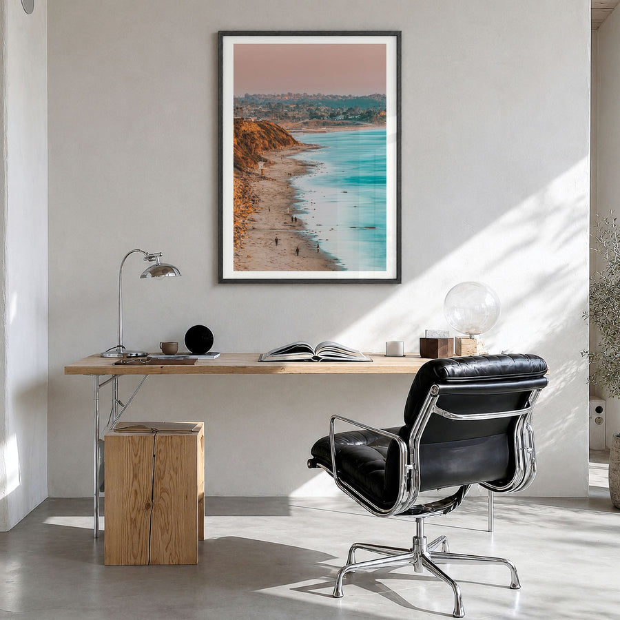 Encinitas Photo No 1 Poster in a black wood frame, hanging in a bright home office, white border